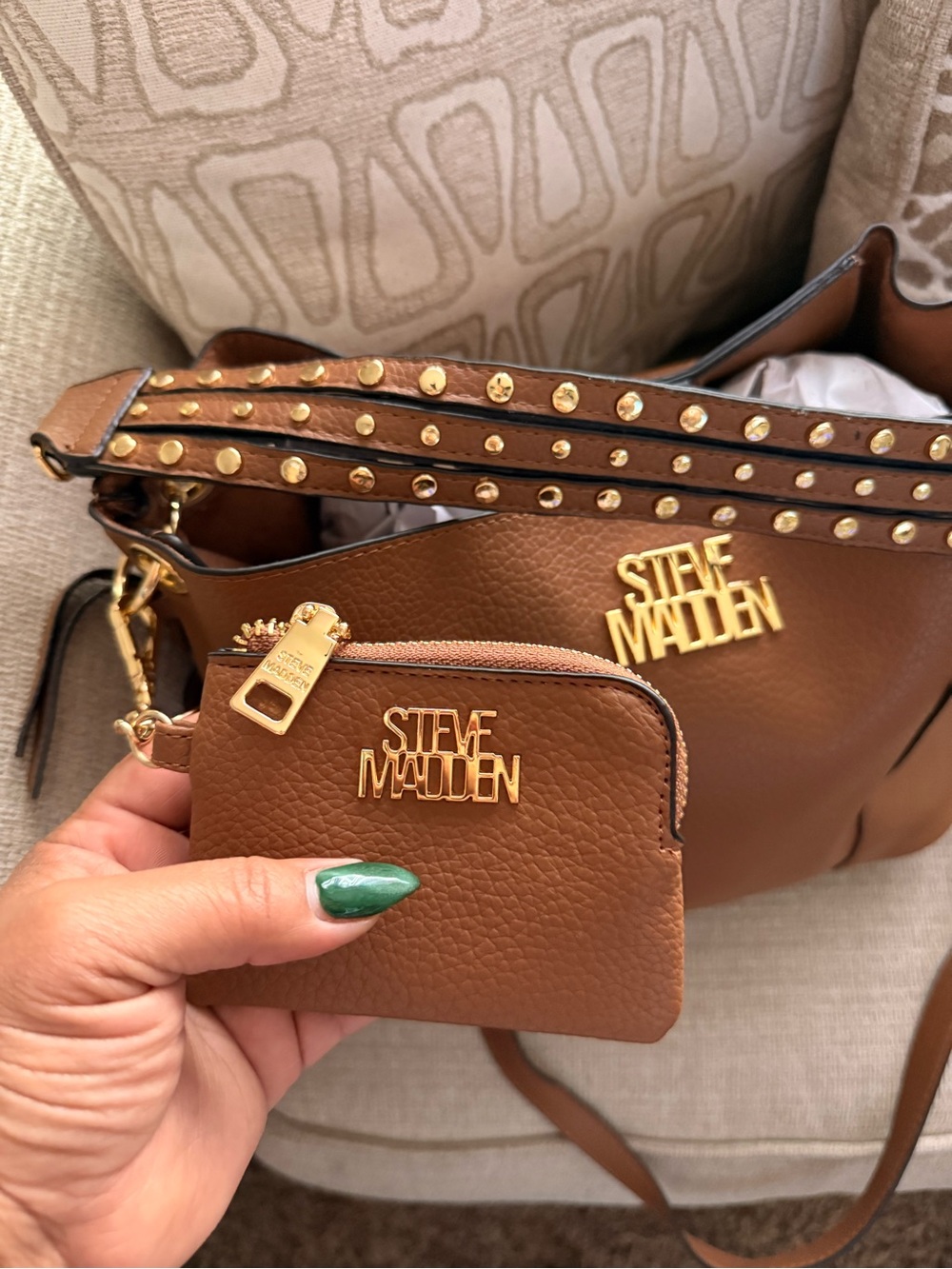 Steve Madden Cognac Pebbled Leather Shoulder Tote with Studded Strap - Picture 2 of 3